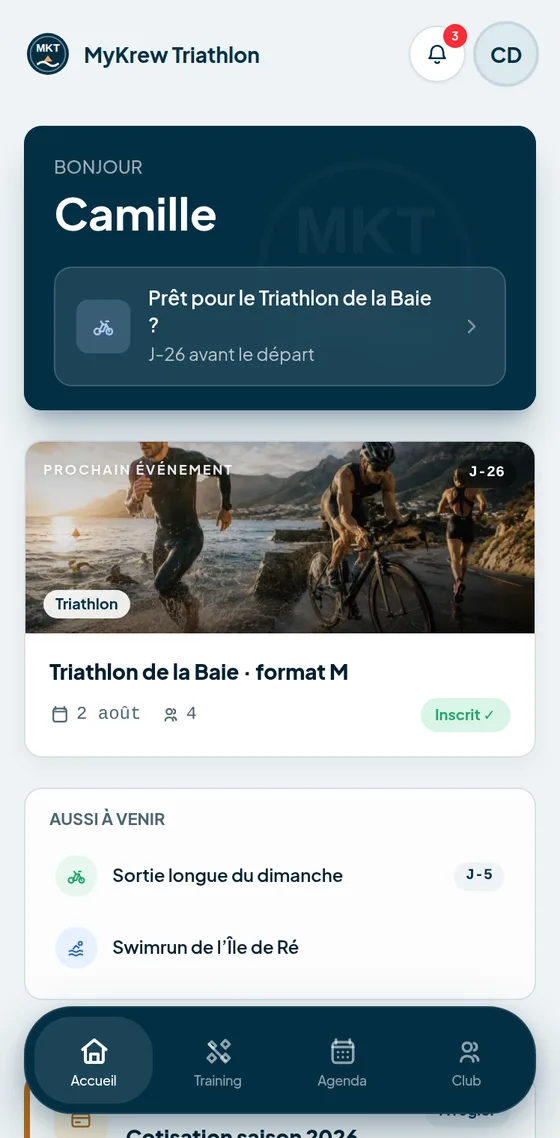 Écran d’accueil de l’app d’un club : prochain événement, actualités et actions du membre.